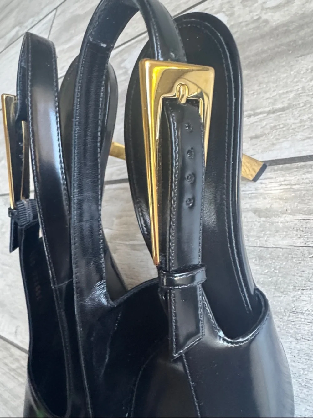 Saint Laurent Lee Black Pointed Slingback Heels with Gold Accent - Picture 6 of 7